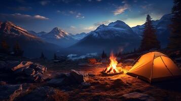 ai gegenereerd berg camping en kampvuren achtergrond foto