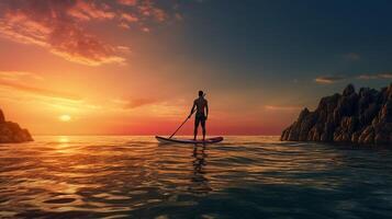 ai gegenereerd oceaan sta op paddle boarding achtergrond foto