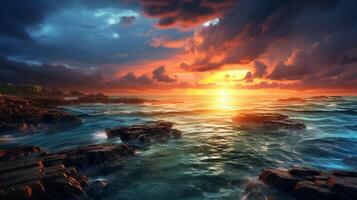 ai gegenereerd regenachtig kust- zonsopkomst achtergrond foto