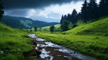 ai gegenereerd regenachtig platteland wandelingen achtergrond foto