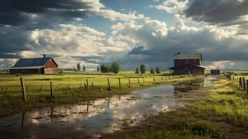 ai gegenereerd regenachtig boerderij achtergrond foto