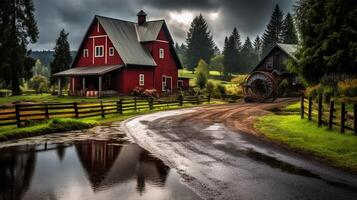 ai gegenereerd regenachtig boerderij ervaringen achtergrond foto