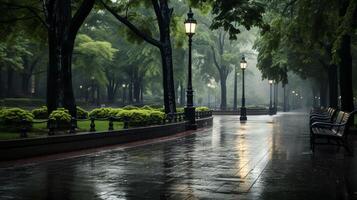 ai gegenereerd regenachtig park wandelingen achtergrond foto