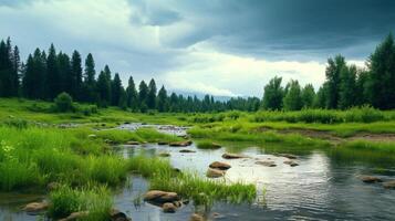 ai gegenereerd regenachtig oever van de rivier tafereel achtergrond foto