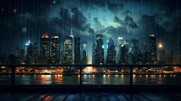 ai gegenereerd regenachtig luchten en stad lichten achtergrond foto