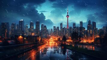 ai gegenereerd regenachtig luchten en stad lichten achtergrond foto