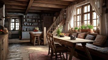 ai gegenereerd rustiek boerderij interieur ontwerp foto