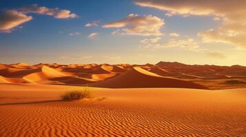 ai gegenereerd woestijn landschap met zand duinen en bergen Bij zonsondergang foto