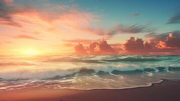 ai gegenereerd zanderig strand zonsondergang helling achtergrond foto