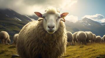 ai gegenereerd een schapen staat Aan een heuvel met uitzicht een vallei foto