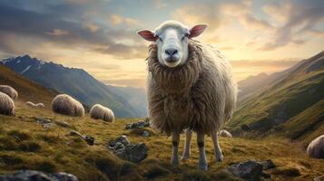 ai gegenereerd een schapen staat Aan een heuvel met uitzicht een vallei foto