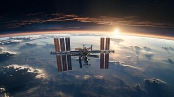 ai gegenereerd lucht met ruimte station achtergrond foto