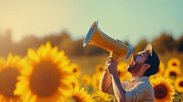 ai gegenereerd Mens Holding megafoon staand Aan zonnebloem achtergrond foto