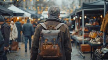 ai gegenereerd Mens verkennen items Bij een bruisend buitenshuis vlo markt foto