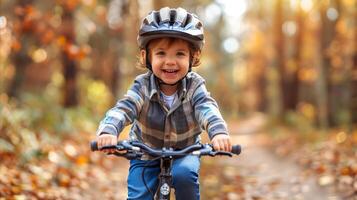 ai gegenereerd jong kind genieten van een fiets rijden in een mooi herfst park foto