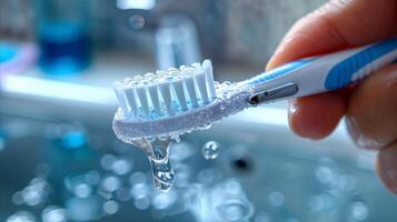 ai gegenereerd detailopname van een tandenborstel met antibacteriële vloeistof en bubbels foto