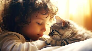 ai gegenereerd jongen aan het kijken een katje detailopname portret. vriendschap en inschrijving gevoelens tussen menselijk en dier concept. ai gegenereerd illustratie. foto