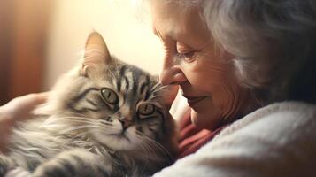 ai gegenereerd oud vrouw knuffels haar kat detailopname portret. vriendschap en inschrijving gevoelens tussen menselijk en dier concept. ai gegenereerd illustratie. foto