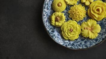 Thais toetje in divers bloem gevormd, warm kleur toon, geel mango smaak in antiek patroon bord, Sam pan geboren traditioneel Thais handgemaakt tussendoortje in donker achtergrond foto