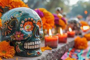 ai gegenereerd kleurrijk Mexicaans dag van de dood viering met schedel kaarsen en goudsbloemen foto