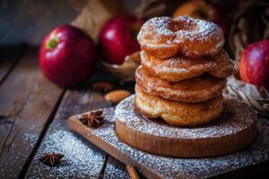 ai gegenereerd appel beignets met kaneel suiker Aan een rustiek houten tafel zijn een eigengemaakt zoet toetje foto