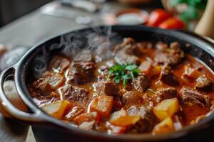 ai gegenereerd goulash stoofpot met vlees, paprika, aardappelen, en groenten in een traditioneel Hongaars schotel foto