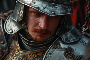 ai gegenereerd middeleeuws krijger in gedetailleerd schild met helm straalt uit moed en bepaling in portret foto