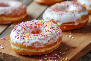 ai gegenereerd kleurrijk besprenkeld verzuren room donut met zoet glazuur en suiker Aan een houten tafel foto