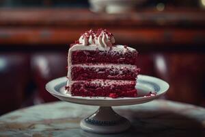 ai gegenereerd rood fluweel taart met room glimmertjes Aan elegant bord vertegenwoordigt zoet toegeeflijk toetje foto