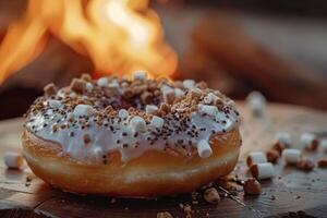 ai gegenereerd smores donut met heemst en chocola toegeeflijkheid door een kampvuur foto