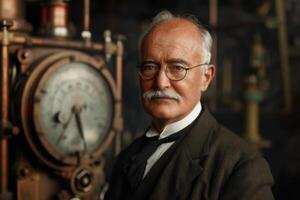 ai gegenereerd wijnoogst portret van een uitvinder in een laboratorium met apparatuur, presentatie van een wetenschapper met historisch en ouderen eigenschappen foto