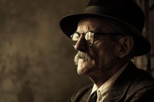 ai gegenereerd ouderen Mens in wijnoogst hoed en bril met een contemplatief profiel in sepia toon foto