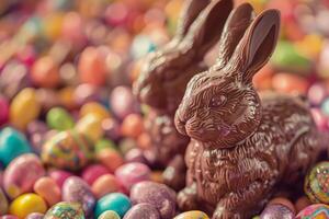 ai gegenereerd chocola Pasen konijn te midden van snoep eieren viering in een voorjaar zoet decoratie foto