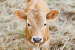 ai gegenereerd Jersey kalf Aan een boerderij omringd door landbouw en vee met een sereen natuur foto