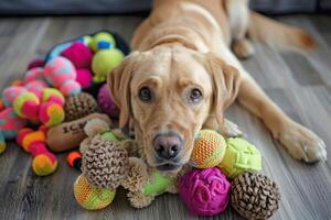 ai gegenereerd labrador hond omringd door milieuvriendelijk speelgoed inclusief ballen, rubber, en textiel kauwen items foto