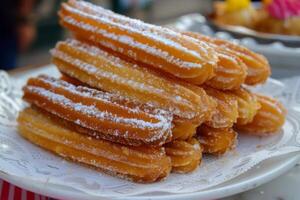 ai gegenereerd churros toetje met suiker Aan een zoet bord portretteren Europese gebakken snacks foto
