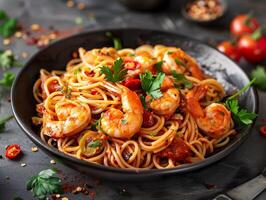 ai gegenereerd een smakelijk bord van pittig garnaal spaghetti, prachtig gegarneerd met vers peterselie. generatief ai. foto