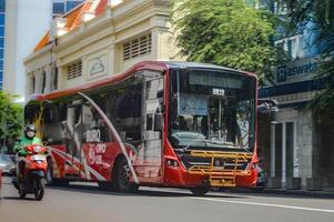 een rood stad bus gebeld suroboyo bus of trans semanggi passeert langs jalan tunjungan, Indonesië, 2 maart 2024. foto