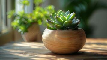 ai gegenereerd een klein sappig fabriek zit Aan de tafel. compleet met ingemaakt planten en klein bladeren. foto