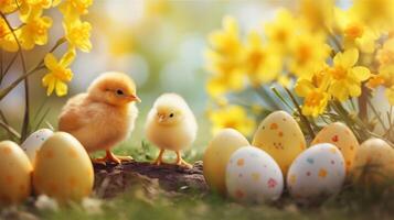ai gegenereerd schattig Pasen kuikens omringd door geschilderd eieren en bloemen. voorjaar vakantie concept. ai generatief foto