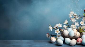 ai gegenereerd voorjaar achtergrond met geschilderd Pasen eieren in rieten mand en bloeiend bloemen. blauw voorjaar banier met kopiëren ruimte. ai generatief foto