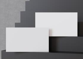 elegant blanco, wit bedrijf kaarten Aan een trapsgewijs zwart trappenhuis, perfect voor een stoutmoedig en modern branding presentatie. Amerikaans maat, 3,5 X 2 duim. bezoek, naam kaarten model. 3d. foto