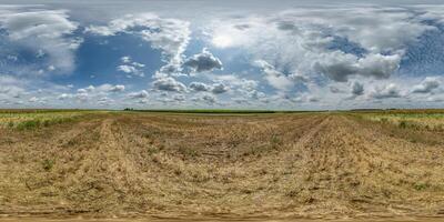 bolvormig 360 hdri panorama tussen geel geoogst landbouw veld- met wolken Aan blauw lucht in equirectangular naadloos projectie, gebruik net zo lucht koepel vervanging, spel ontwikkeling net zo skybox of vr inhoud foto