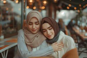 ai gegenereerd warm omhelzing tussen Dames in hijaabs Bij cafe, hijabi geluk foto