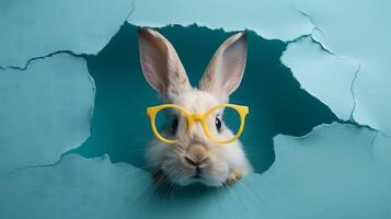 ai gegenereerd een wit konijn in geel bril komt tevoorschijn van een gat in een zacht blauw muur foto