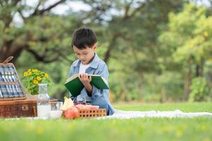 gelukkig familie genieten van een picknick in de park, jongen zittend en lezing boeken. foto