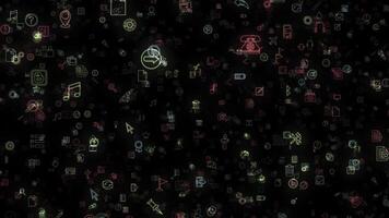 abstract animatie van veelkleurig neon sociaal media netwerk emoji's pictogrammen verschijnen Aan de zwart achtergrond. animatie van naadloos lus. foto