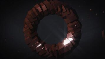 gewichtloosheid. roterend torus Aan zwart achtergrond. 3d computer gegenereerd meetkundig animatie. illustratie van een abstract figuur in de het formulier van een torus foto