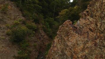 top visie van rotsachtig nok met Woud kloof. klem. verbazingwekkend natuur met rotsachtig hellingen van groen kloof. filmische rotsen met groen bomen in kloof foto