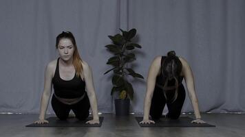 yoga opleiding Bij Sportschool. media. twee Dames beoefenen yoga, het uitvoeren van uitrekken routines en oefeningen. foto